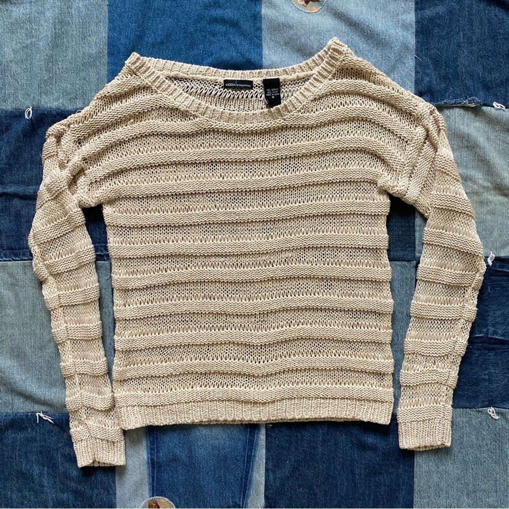 vintage y2k moda international open knit see through striped sweater tan size M